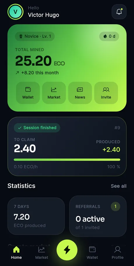 The Eco Network app: balance in ECO, live session and network activity.