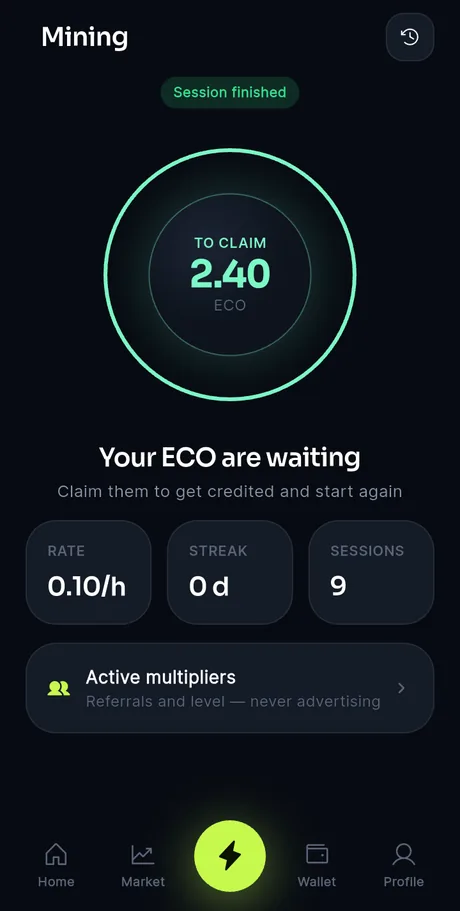 The mining screen with a 24-hour session running.