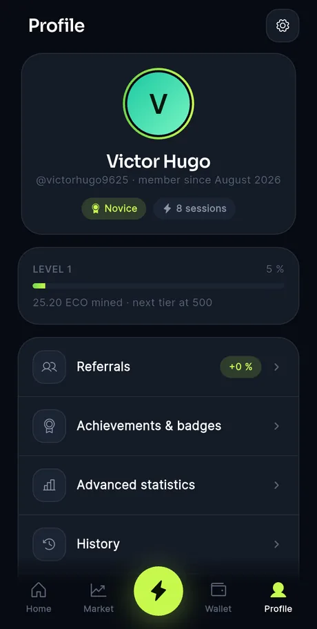 The profile screen with the referral code and progress.