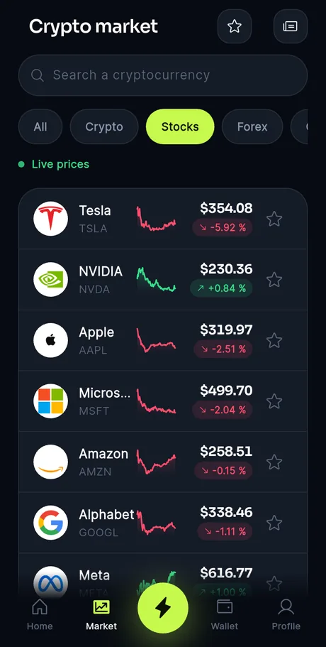 Live prices for Tesla, NVIDIA, Apple and other stocks in the app.
